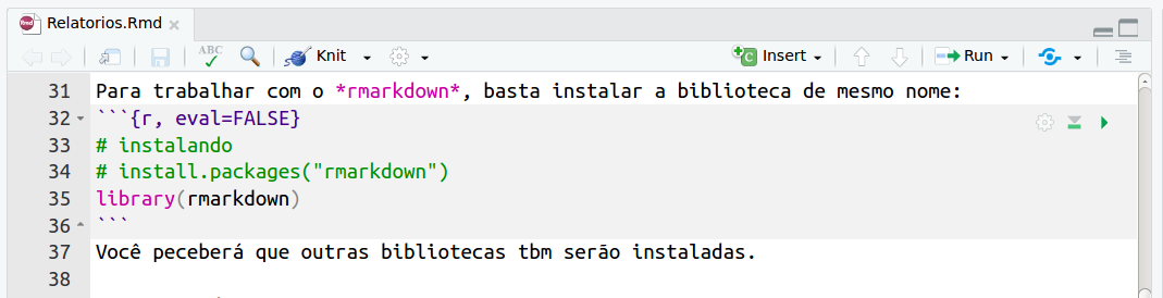 Exemplo de trecho de codigo R em um documento Rmd.